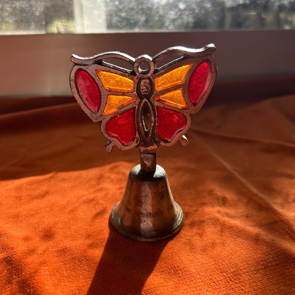 Vintage Cast Iron Stained Glass Butterfly Bell Hand Bell Dinner Bell - Picture 1 of 5
